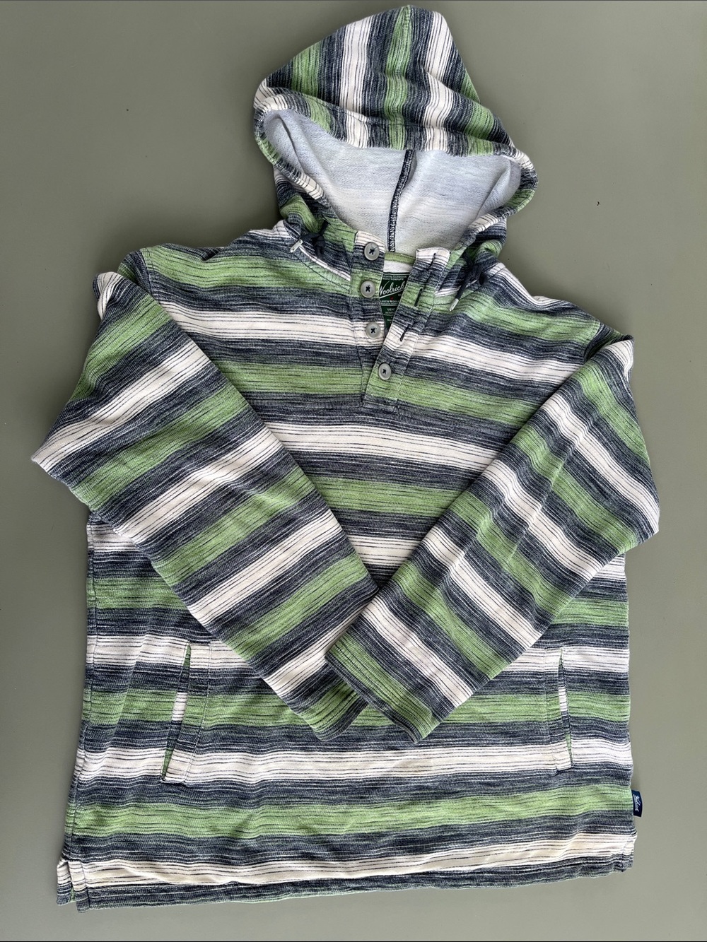 Woolrich Striped Hooded Pullover‎ in Green, Navy & White